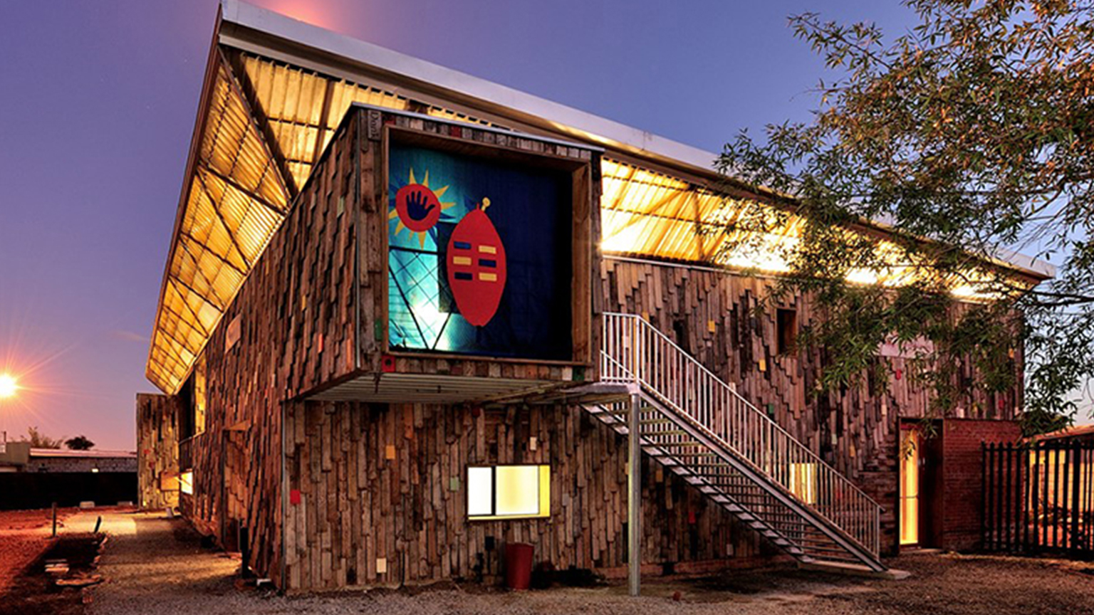 Exterior of the Design Develop Build project Guga S’Thebe Children’ Theater, Langa, Cape Town, South Africa 