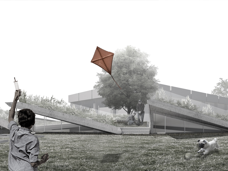 Boy with kite in project rendering.