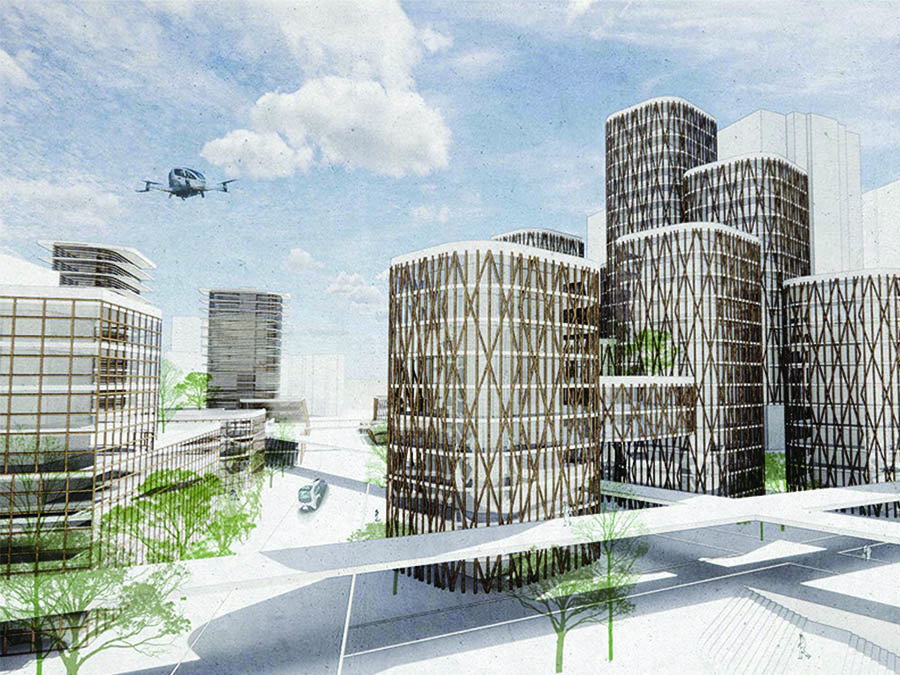 Rendering of a total redevelopment of a Japanese urban space