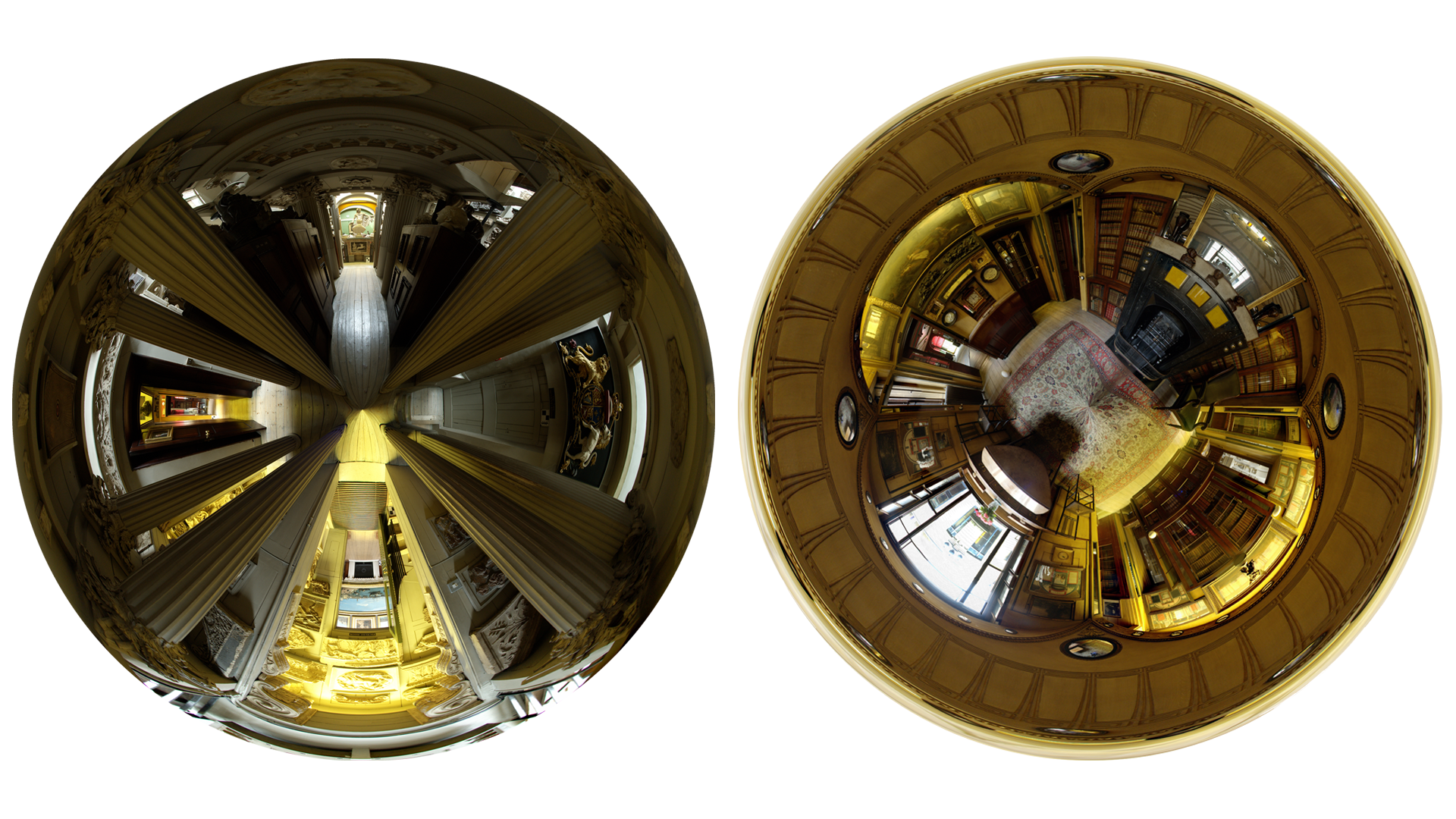 Stereographic projections of the Museum and Breakfast Room of Sir John Soane’s Museum, London through a fisheye lens